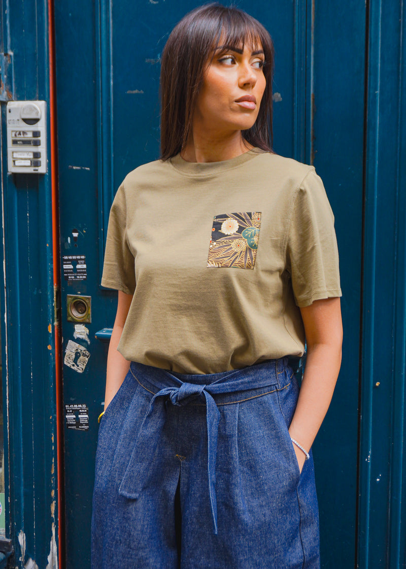 T-Shirt - Kaki à Motif de Grue et Feuillage