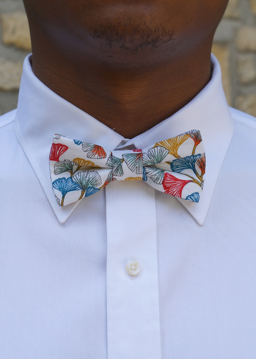 Nœud papillon noir blanc avec ginkgo rouges et bleus